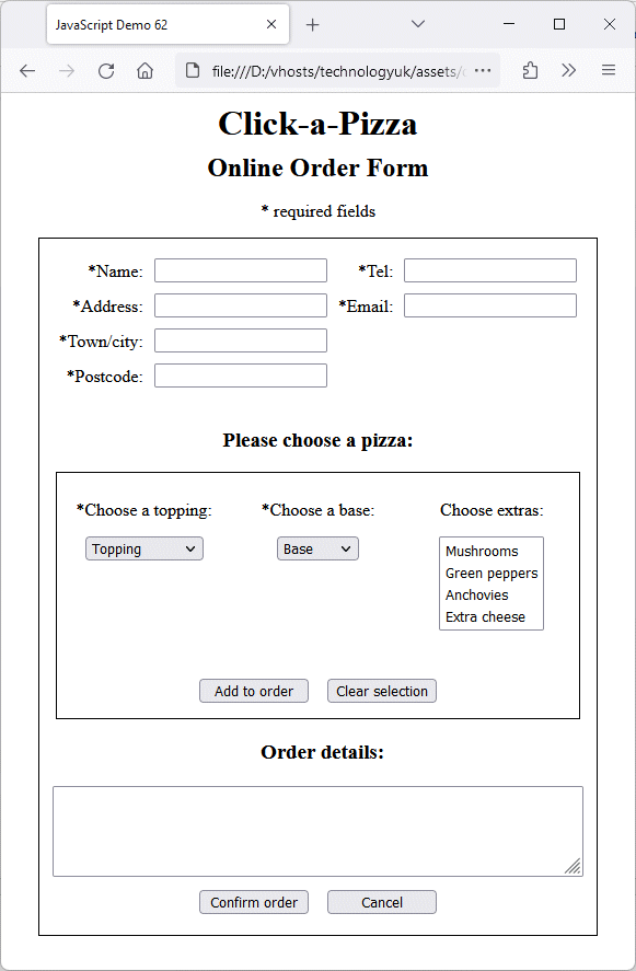 Drop-down lists and a list box are used to select a pizza