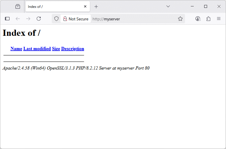The myserver domain is live but has no content