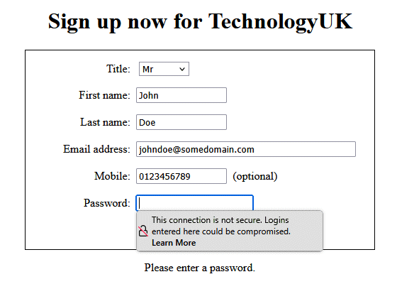 The browser will warn you that the connection is not secure