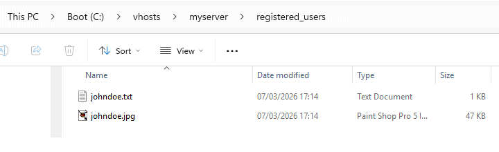 The user's avatar file and a text file containing their details have been created