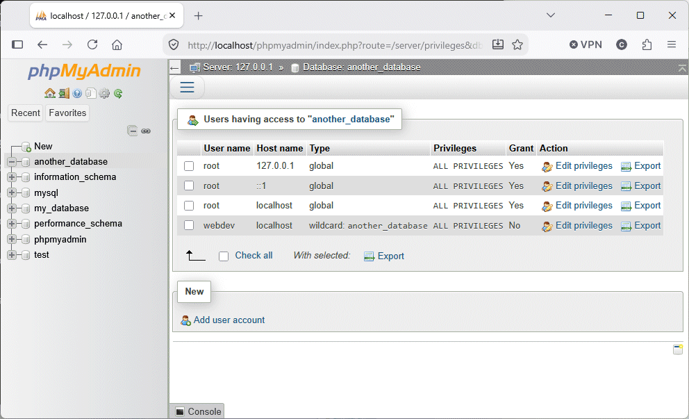 The webdev user has all privileges except GRANT