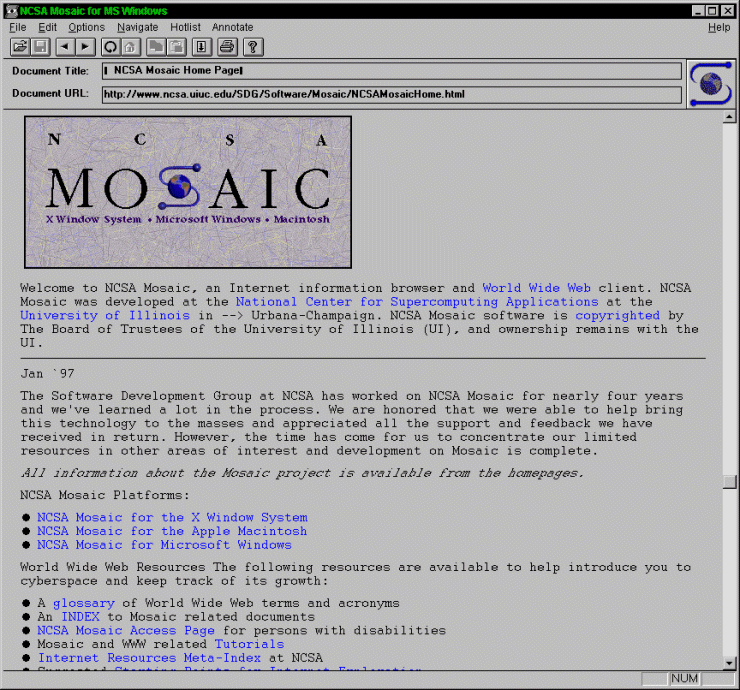 The Mosaic Web browser (version 1.0)