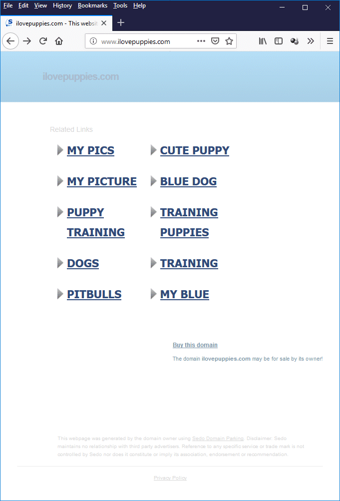 The current home page of www.ilovepuppies.com
